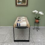 Furnshine - Karter Solid Wood Classic Two Seater Woven Bench with Black Metal Legs (Beige, White & Blue) - Image 6