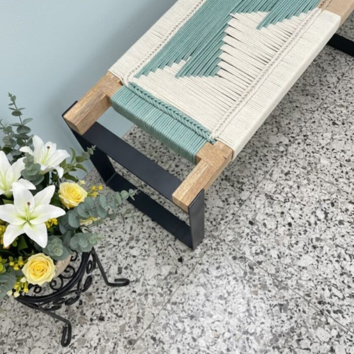Furnshine - Arledge Two Seater Woven Bench with Metal Legs (Beige, White & Teal Blue-Green) - Image 6