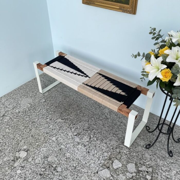Furnshine - Eartha Hand Woven Bench with White Metal Legs (White, Black & Beige) - Image 6