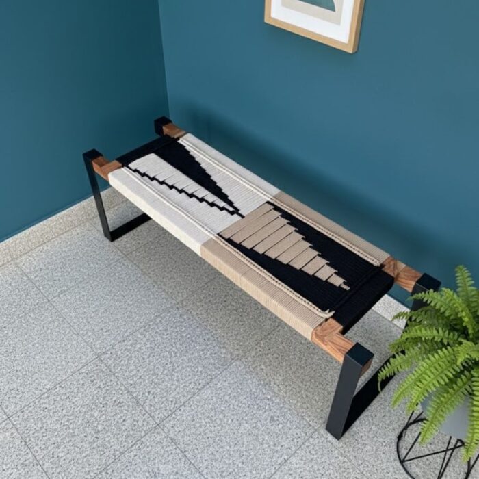 Furnshine - Aston Woven Bench with Black Metal Legs (Beige, White & Black) - Image 6
