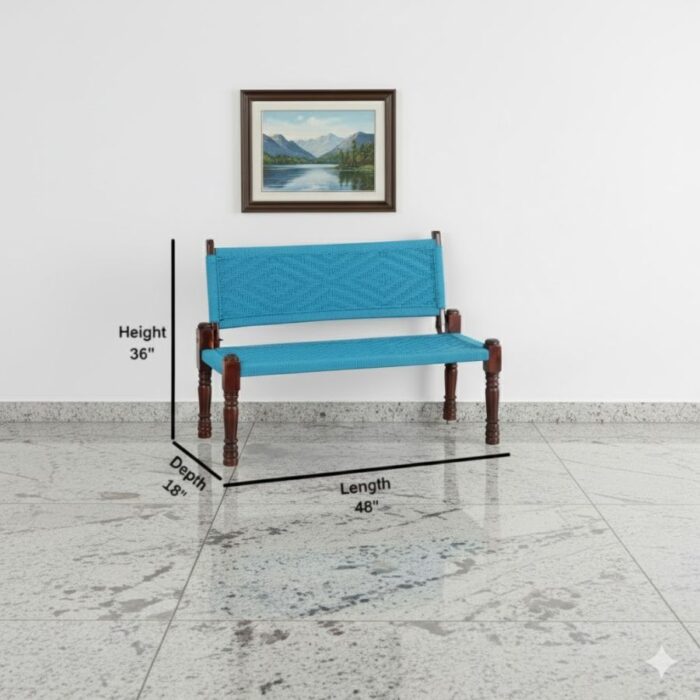 Furnshine - Parson Solid Wood Handwoven Backrest Bench (Blue) - Image 4