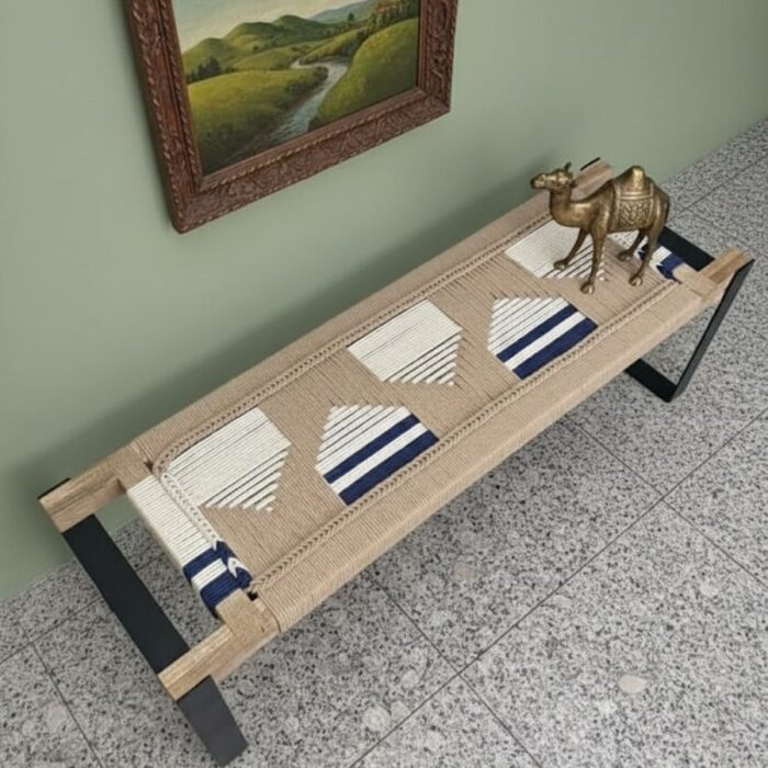 Furnshine - Karter Classic Two Seater Woven Bench with Metal Legs (Beige, White & Blue) - Image 7