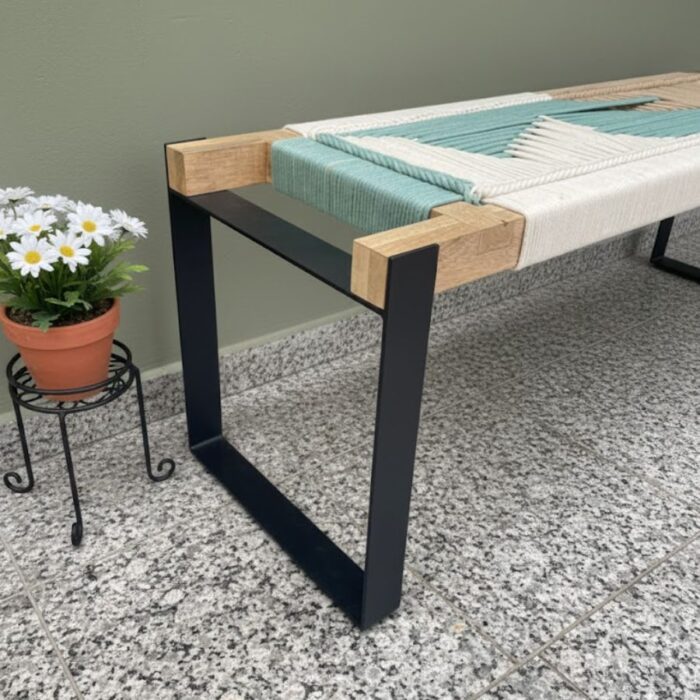 Furnshine - Arledge Two Seater Woven Bench with Metal Legs (Beige, White & Teal Blue-Green) - Image 5