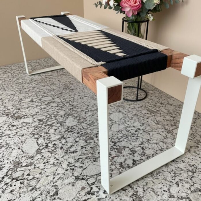 Furnshine - Eartha Hand Woven Bench with White Metal Legs (White, Black & Beige) - Image 7