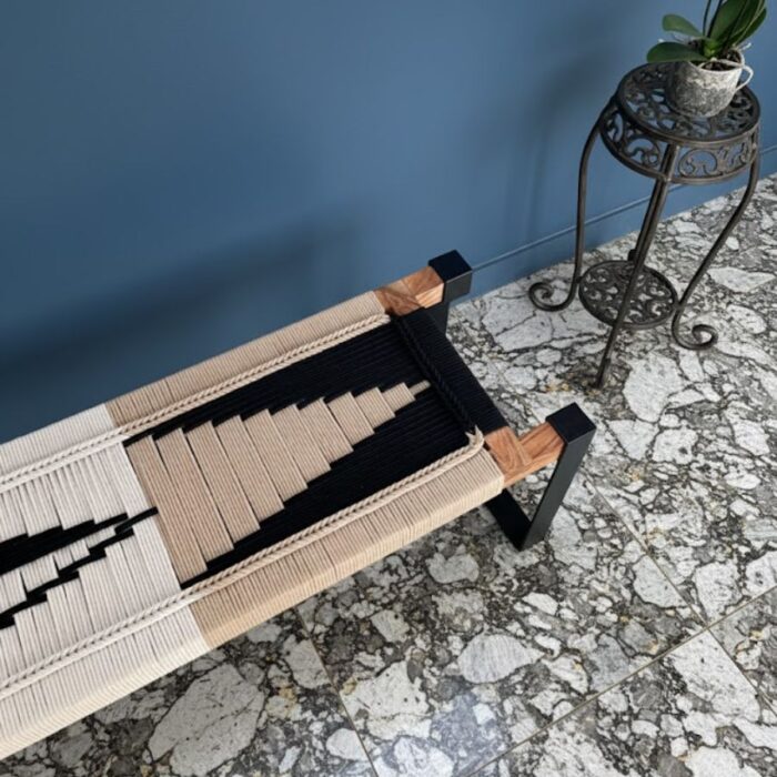 Furnshine - Aston Woven Bench with Black Metal Legs (Beige, White & Black) - Image 7