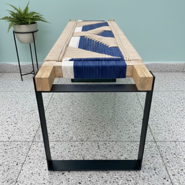 Furnshine - Mace Two Seater Woven Bench with Black Metal Legs (Beige, Blue & White) - Image 5