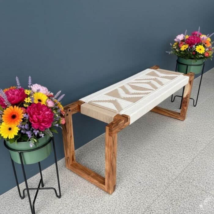 Furnshine - Eaton Mid Century Modern Woven Bench (White & Beige) - Image 8
