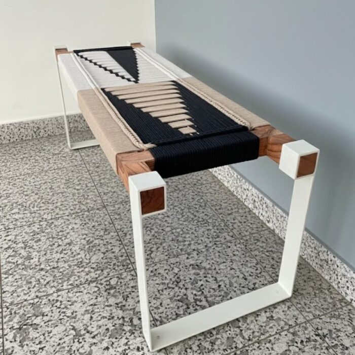 Furnshine - Eartha Hand Woven Bench with White Metal Legs (White, Black & Beige) - Image 8