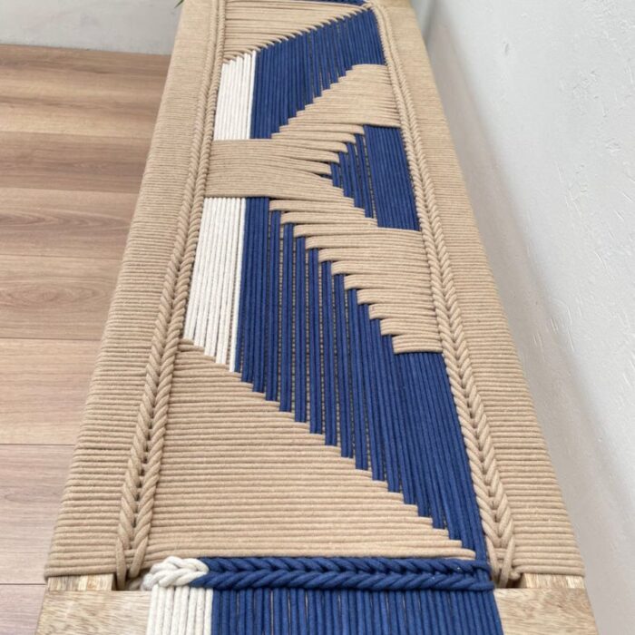 Furnshine - Mace Two Seater Woven Bench with Black Metal Legs (Beige, Blue & White) - Image 6
