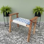 Furnshine - Hettie Solid Wood Hand Rest Woven Stool (White & Blue) - Image 8