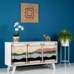 Furnshine - Kipp Three Door Solid Wood Handwoven Sunset Art Design Sideboard Cabinet (White)