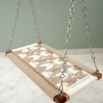 Furnshine - Hubbell Handwoven Wooden Swing with Chain – Chic Beige & White Geometric Cotton Rope Jhula for Indoor & Balcony Decor