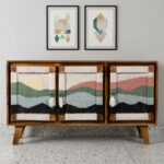 Furnshine - Ogden Three Door Solid Wood Handwoven Sunset Art Design Sideboard Cabinet (Teak Finish) - Image 4