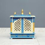 Furnshine - Solid Wood Home Temple – Blue & Ivory Hand-Painted Wooden Mandir with Jaali Doors, Drawers & Golden Domes for Home Pooja & Living Room Décor