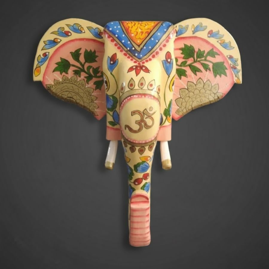 1 Furnshine - Handcrafted Om Symbol Wooden Elephant Face Wall Hanging - Pink Blue Rajasthani Spiritual Decor - Image 1