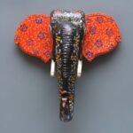 Furnshine - Handcrafted Black Orange Floral Wooden Elephant Face Wall Hanging - Rajasthani Vastu Decor