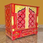 Furnshine - Handcrafted Red-Green Rajasthani Wooden Pooja Mandir - Temple with Jaali Doors & Drawer