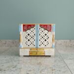 Furnshine - Handcrafted White-Blue-Red Rajasthani Wooden Pooja Mandir - Home Temple with Jaali Doors & Drawer