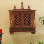 Furnshine - Wall Mounted Solid Wood Mandir for Home Pooja & Aarti – Brown Jaali Door Temple with Dual Drawers, Traditional Domes & Space-Saving Hanging Design for Living Room or Pooja Room Decor