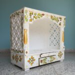 Furnshine - Handcrafted White-Green Rajasthani Wooden Pooja Mandir - Open Shelf Temple with Floral Drawer