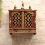 Furnshine -  Wall Mounted Solid Wood Mandir for Home Pooja & Aarti – Rich Brown & Antique Gold Jaali Door Temple with Dual Drawers, Decorative Domes & Space-Saving Hanging Design for Living Room or Pooja Room Decor