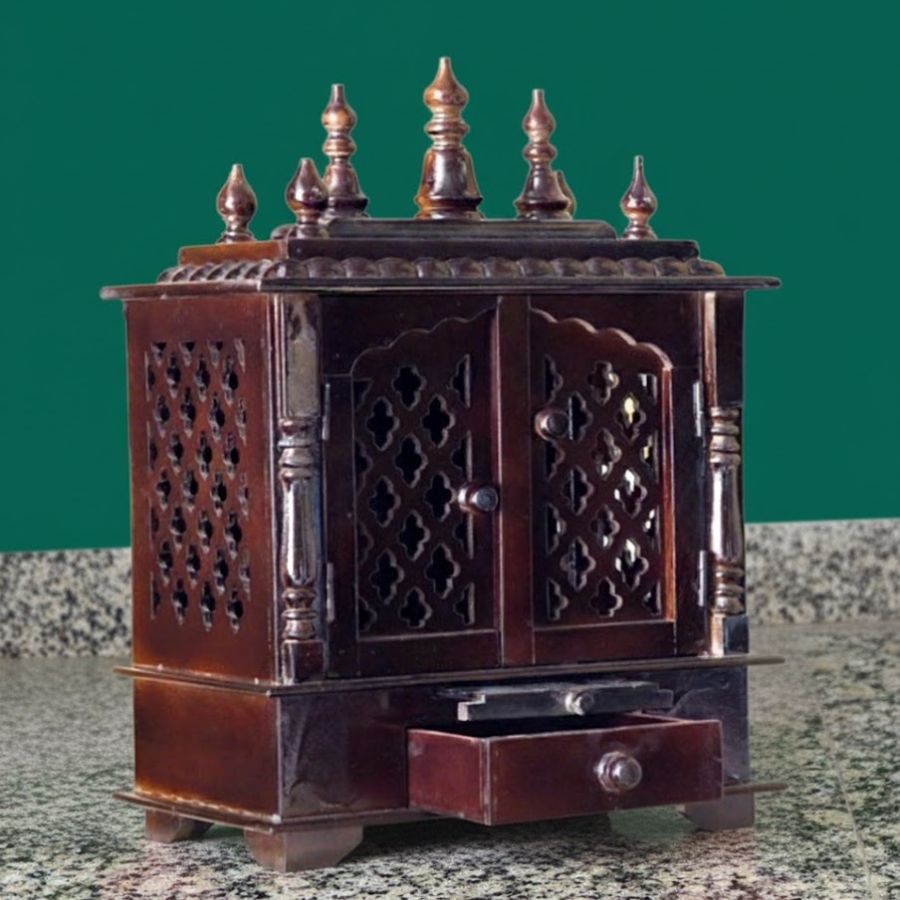 1 Furnshine - Handcrafted Solid Wood Home Temple with Drawer | Compact Dark Brown Finish Pooja Mandir for Home & Office | Jaali Door Design, Turned Pillars & Dome Top - Image 1