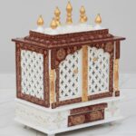 Furnshine - Handcrafted Wooden Pooja Mandir for Home | White, Maroon & Golden Temple with Jaali Doors & Storage Drawer