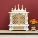 Furnshine - Handcrafted Wooden Pooja Mandir for Home – White Gold Temple with Double Drawer & Decorative Doors for Home and Office Décor - Image 2