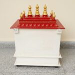 Furnshine - Handcrafted Wooden Mandir for Home | Red White Gold Pooja Temple with Jaali Panels & Storage Drawer - Image 6