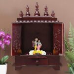 Furnshine - Wall Mounted Wooden Pooja Mandir for Home – Brown Wooden Temple with Drawer, Shelf & Decorative Carved Doors for Compact Wall Shrine - Image 3