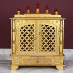 Furnshine - Handpainted Golden Rajasthani Wooden Temple Mandir, 18x12x24 Inch Pooja Mandir with Jaali Doors & Storage Drawer for Home and Office.