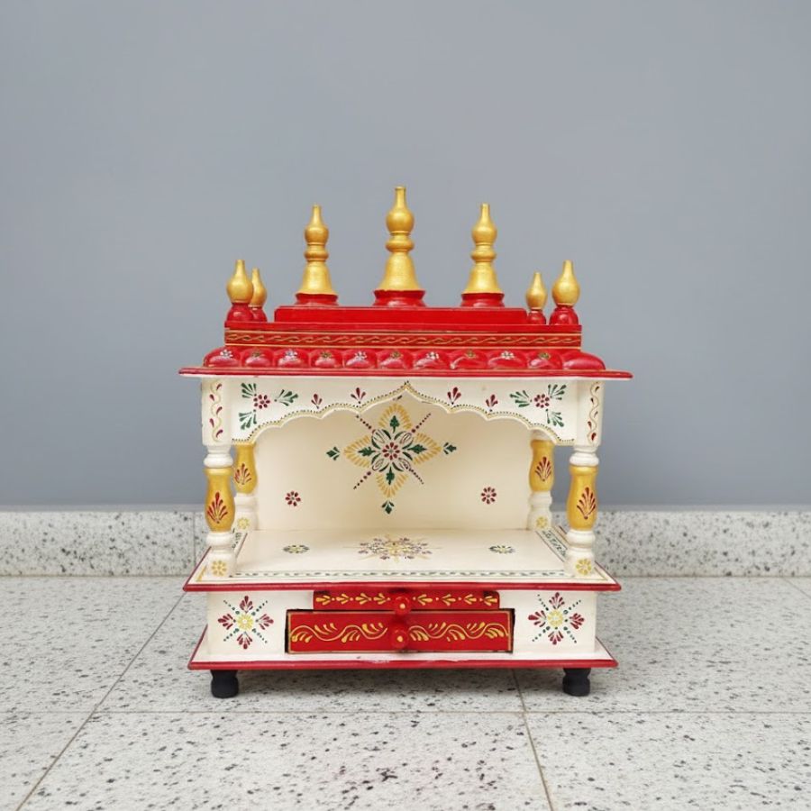 1 Furnshine - Wooden Pooja Mandir for Home – Red & White Rajasthani Design Temple with Drawer Storage - Image 1