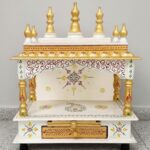 Furnshine - Handcrafted Wooden Pooja Mandir for Home | White & Gold Traditional Temple with Kalash Dome and Storage Drawer