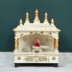 Furnshine - Handcrafted Wooden Pooja Mandir for Home | White Rajasthani Temple with Hand-Painted Floral Design, Kalash Dome & Storage Drawer - Image 2