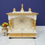 Furnshine - Wooden Temple for Home Pooja Mandir with Hand‑Painted White & Gold Finish, Drawers Storage, Wall‑Mount/Countertop Pooja Mandap for Living Room & Office Decor