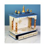 Furnshine - Wooden Temple for Home Pooja Mandir with Hand‑Painted White, Blue & Golden Finish, Twin Drawer Storage, Wall‑Mount/Tabletop Wooden Mandir for Living Room & Office Decor