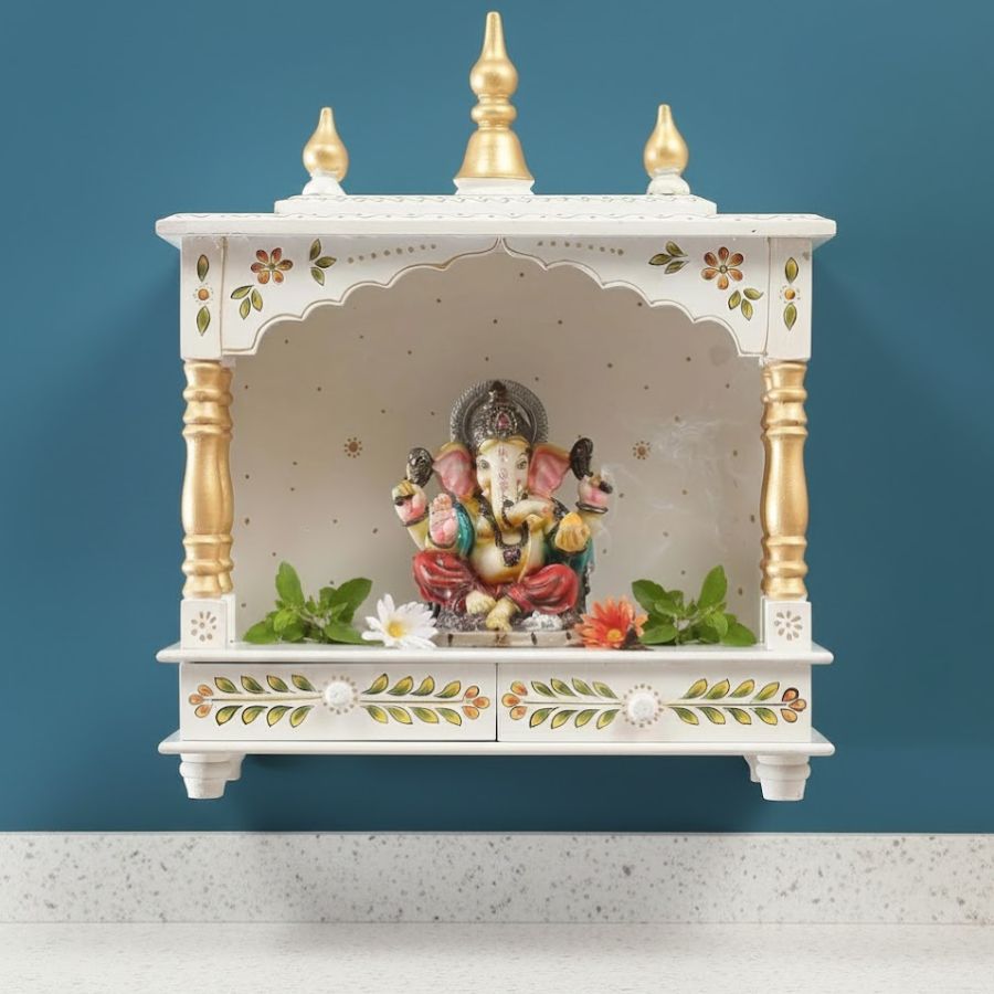 1 Furnshine - Natural Wooden Temple for Home Pooja Mandir with Hand‑Painted Floral Design, Open Mandap, Compact Pooja Ghar Decor - Image 1