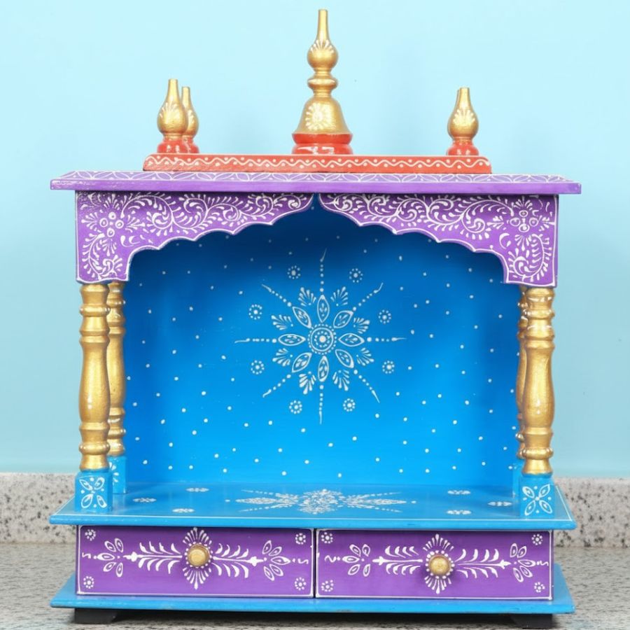 1 Furnshine - Handcrafted Wooden Temple for Home | Rajasthani Hand-Painted Pooja Mandir with Drawer | Blue & Purple Finish - Image 1
