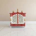 Furnshine - Hand Painted Wall Mounted Mango Wood Home Temple with LED | Red & White Pooja Mandir with Drawer & Doors for Home/Office Puja Room