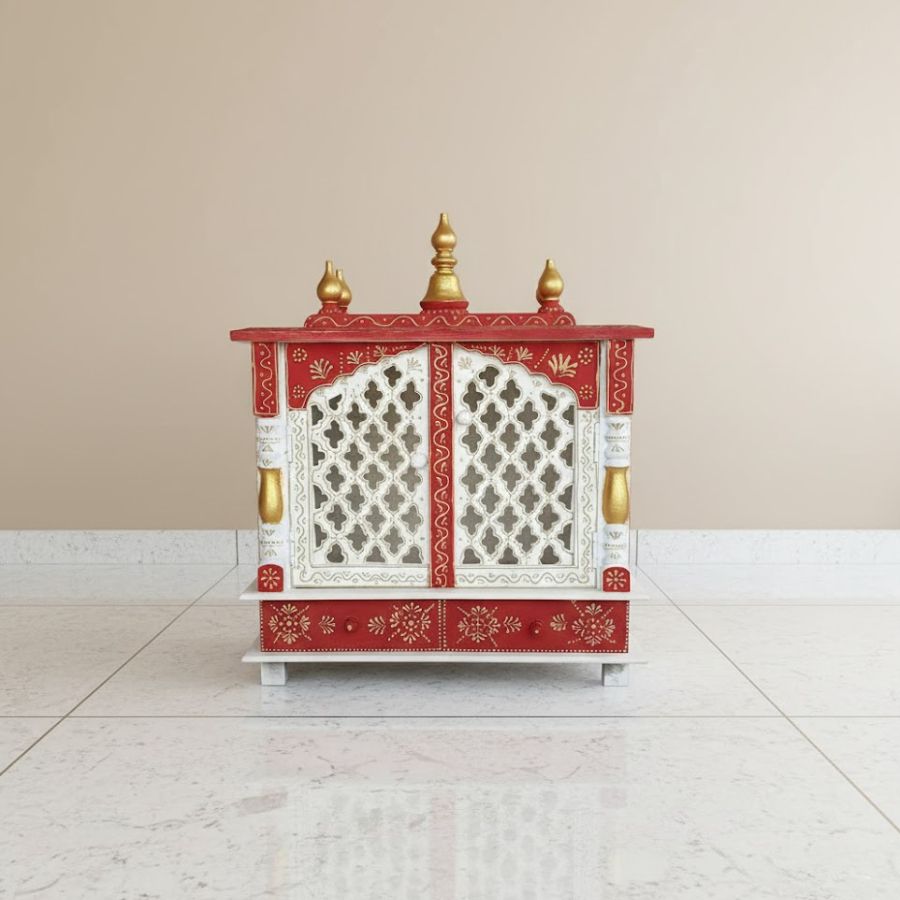 1 Furnshine - Hand Painted Wall Mounted Mango Wood Home Temple with LED | Red & White Pooja Mandir with Drawer & Doors for Home/Office Puja Room - Image 1