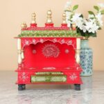 Furnshine - Handcrafted Wooden Temple for Home | Rajasthani Hand-Painted Pooja Mandir with Drawer | Red, White & Green Traditional Design