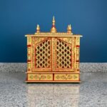 Furnshine - Hand Painted Wall Mounted Golden Solid Wood Home Temple with LED | Floral Jali Doors Pooja Mandir with Twin Drawers for Home/Office Puja Room