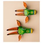 Furnshine - Handcrafted Set of 2 Wooden Painted Cow Face Wall Hangings - Vibrant Green Rajasthani Tribal Art 7 Inch