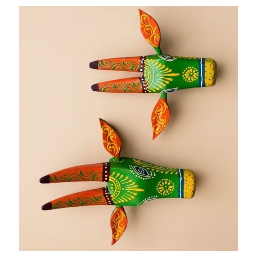 1 Furnshine - Handcrafted Set of 2 Wooden Painted Cow Face Wall Hangings - Vibrant Green Rajasthani Tribal Art 7 Inch - Image 1