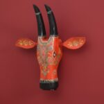 Furnshine - Hand Painted Red Wooden Cow Head Wall Hanging | 14x14 Inch Rajasthani Ethnic Decor for Pooja Room, Living Wall, Diwali Gifts