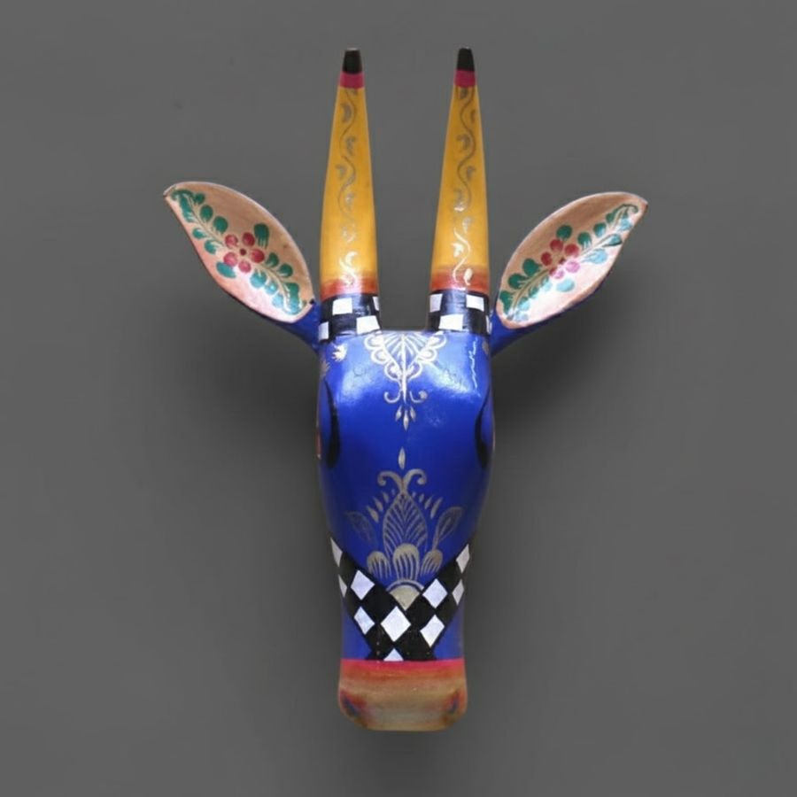 1 Furnshine - Hand-Painted Wooden Cow Head Wall Hanging | Blue Gold Rajasthani Folk Art Mango Wood 13" - Image 1