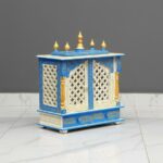 Furnshine - Solid Wood Home Temple – Blue & Ivory Hand-Painted Wooden Mandir with Jaali Doors, Drawers & Golden Domes for Home Pooja & Living Room Décor - Image 2
