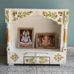 Furnshine - Handcrafted White-Green Rajasthani Wooden Pooja Mandir - Open Shelf Temple with Floral Drawer - Image 2