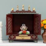Furnshine - Handcrafted Wooden Pooja Mandir for Home | Maroon, Gold & Green Temple with Jaali Doors & Storage Drawer - Image 3