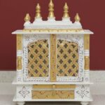 Furnshine - Handcrafted Wooden Pooja Mandir for Home – White Gold Temple with Double Drawer & Decorative Doors for Home and Office Décor